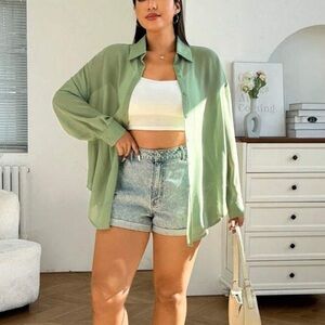 SHEIN | Sheer Chiffon Long Button Down Blouse